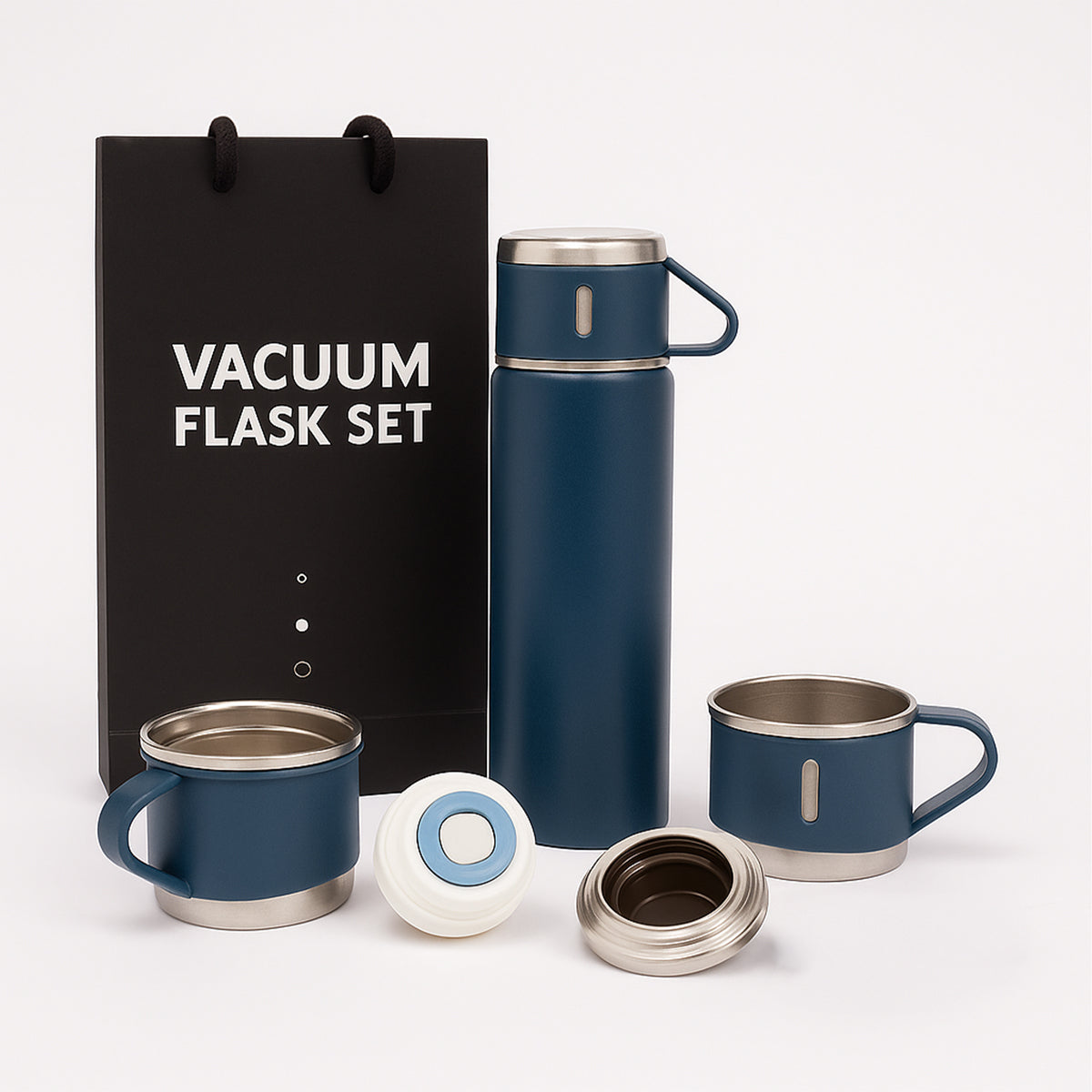 The Writershub Dark Blue Premium Vacuum Flask with 3 Mug Set – 500 ml