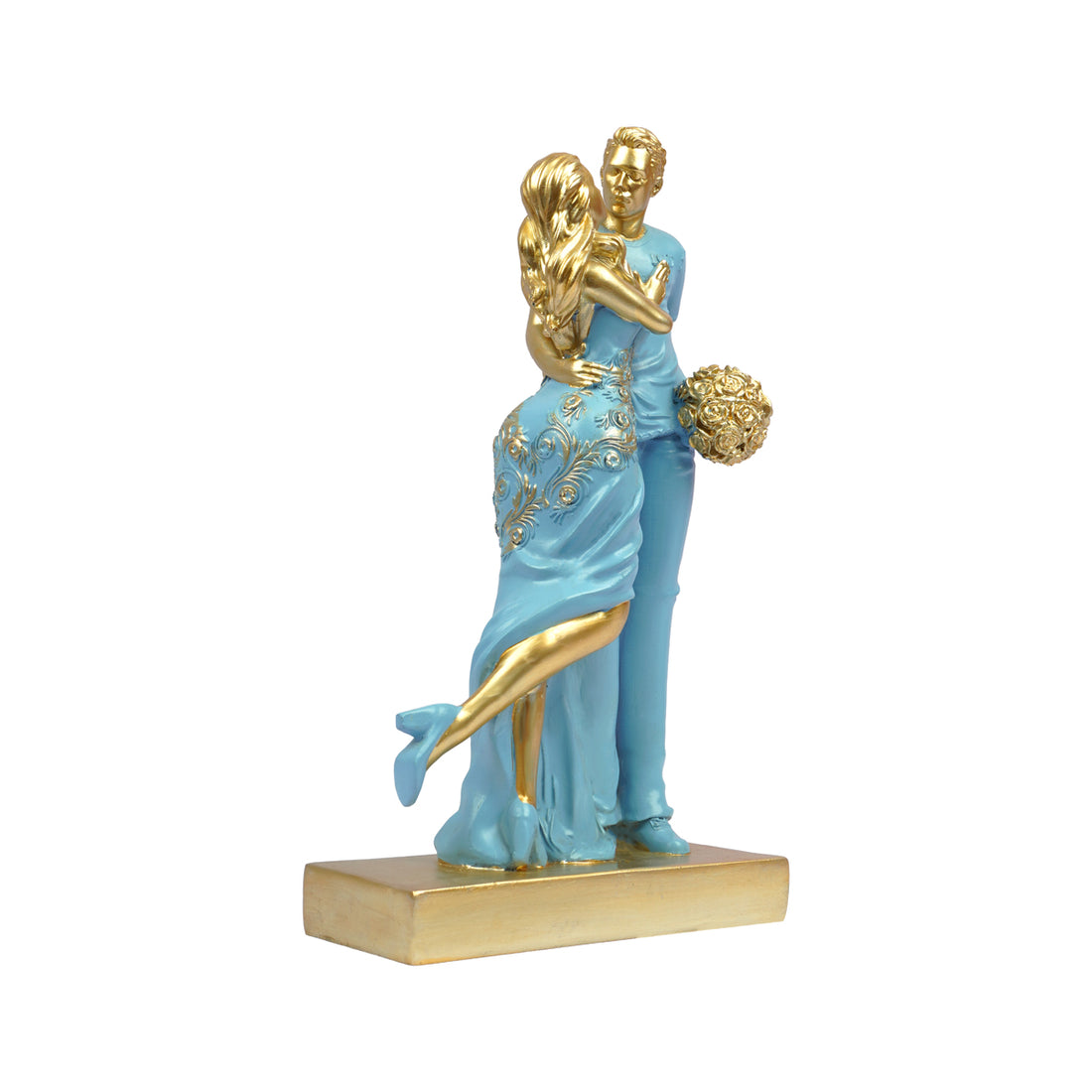 Romantic Couple Showpiece with Rose Bouquet – Elegant Resin Love Figurine