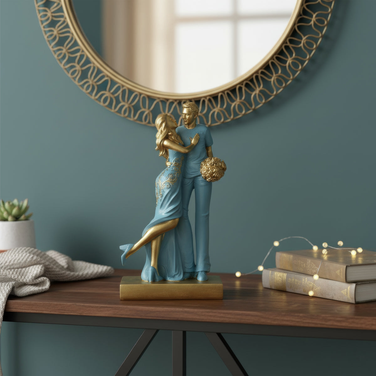 Romantic Couple Showpiece with Rose Bouquet – Elegant Resin Love Figurine