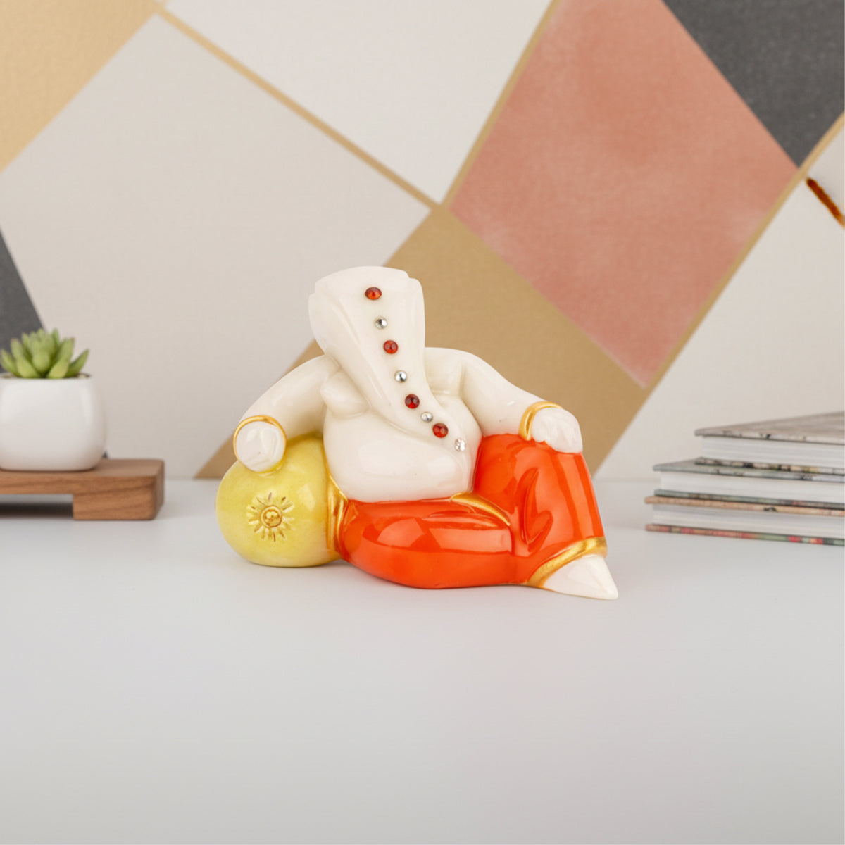 The Writershub White Ganesha Reclining Idol - Resin Showpiece with Crystals, 5cm