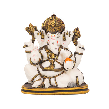 White & Gold Ganesha Idol — Sitting Pose with Modak, Marble Finish