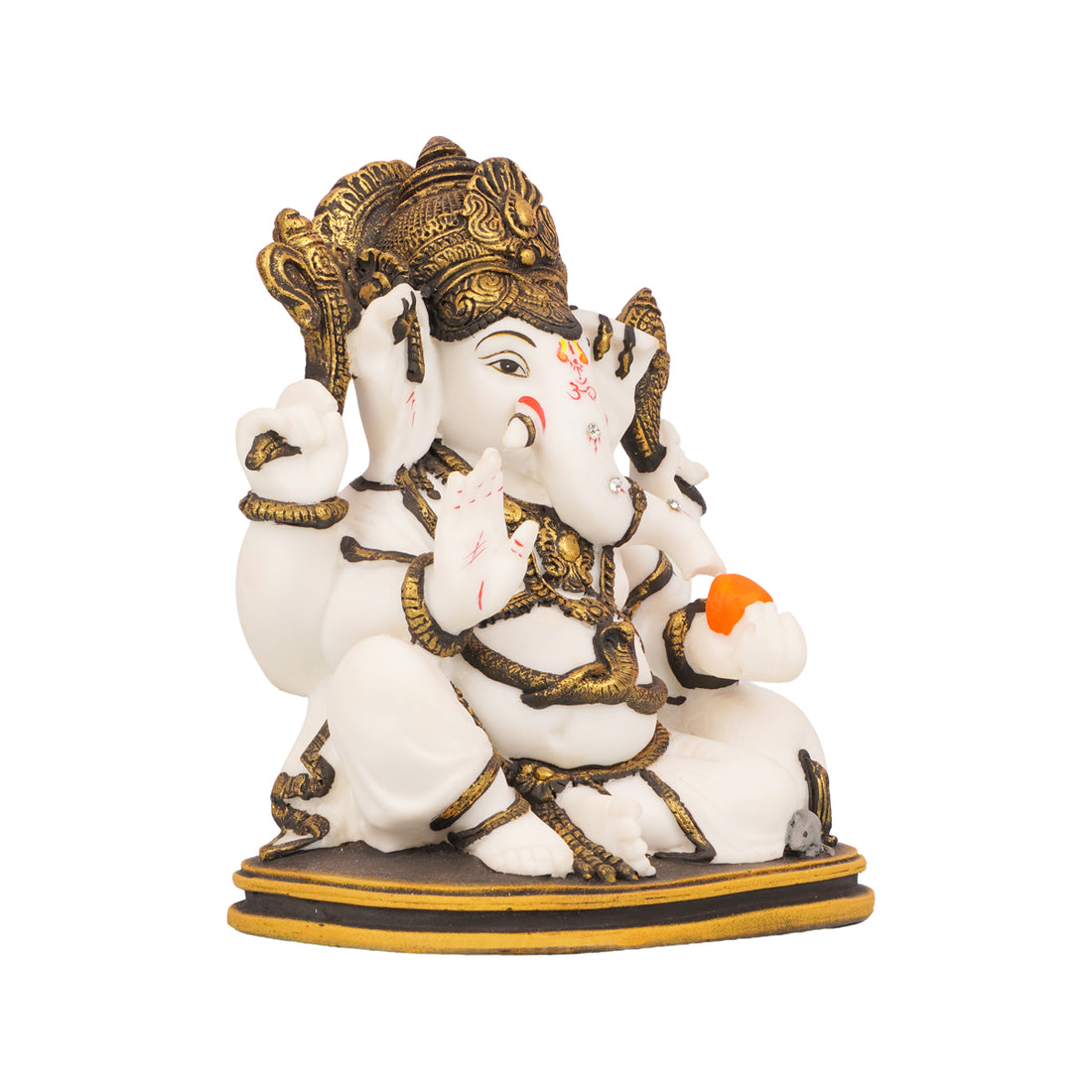 White & Gold Ganesha Idol — Sitting Pose with Modak, Marble Finish
