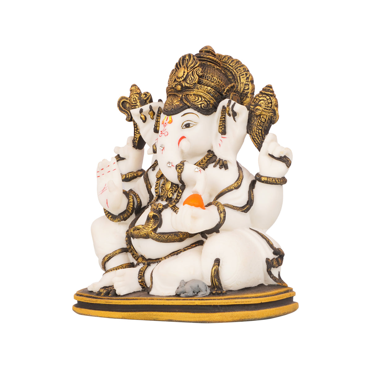White & Gold Ganesha Idol — Sitting Pose with Modak, Marble Finish
