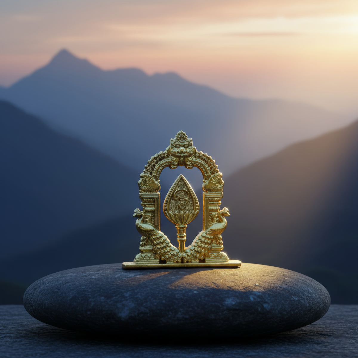 Golden Muruga Vel with Peacock Design – Metal Spiritual Table Décor