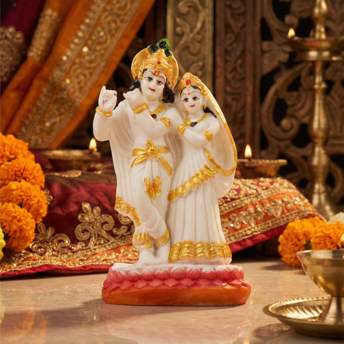 Radha Krishna Pair Idol Showpiece White & Gold Spiritual Decor