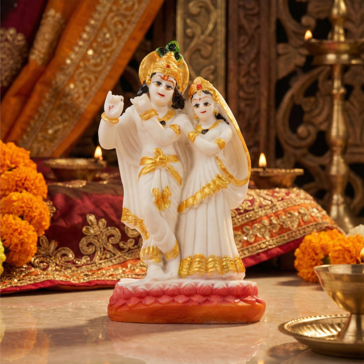 Radha Krishna Pair Idol Showpiece White & Gold Spiritual Decor