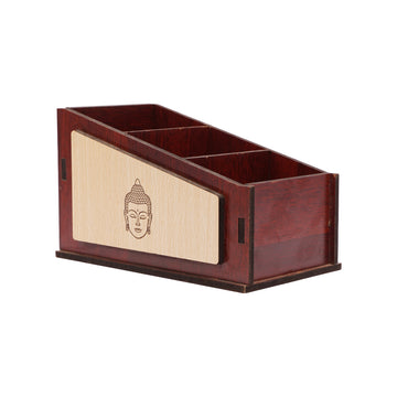 The Writershub Buddha Face Laser Engraved Wooden Desk Organizer