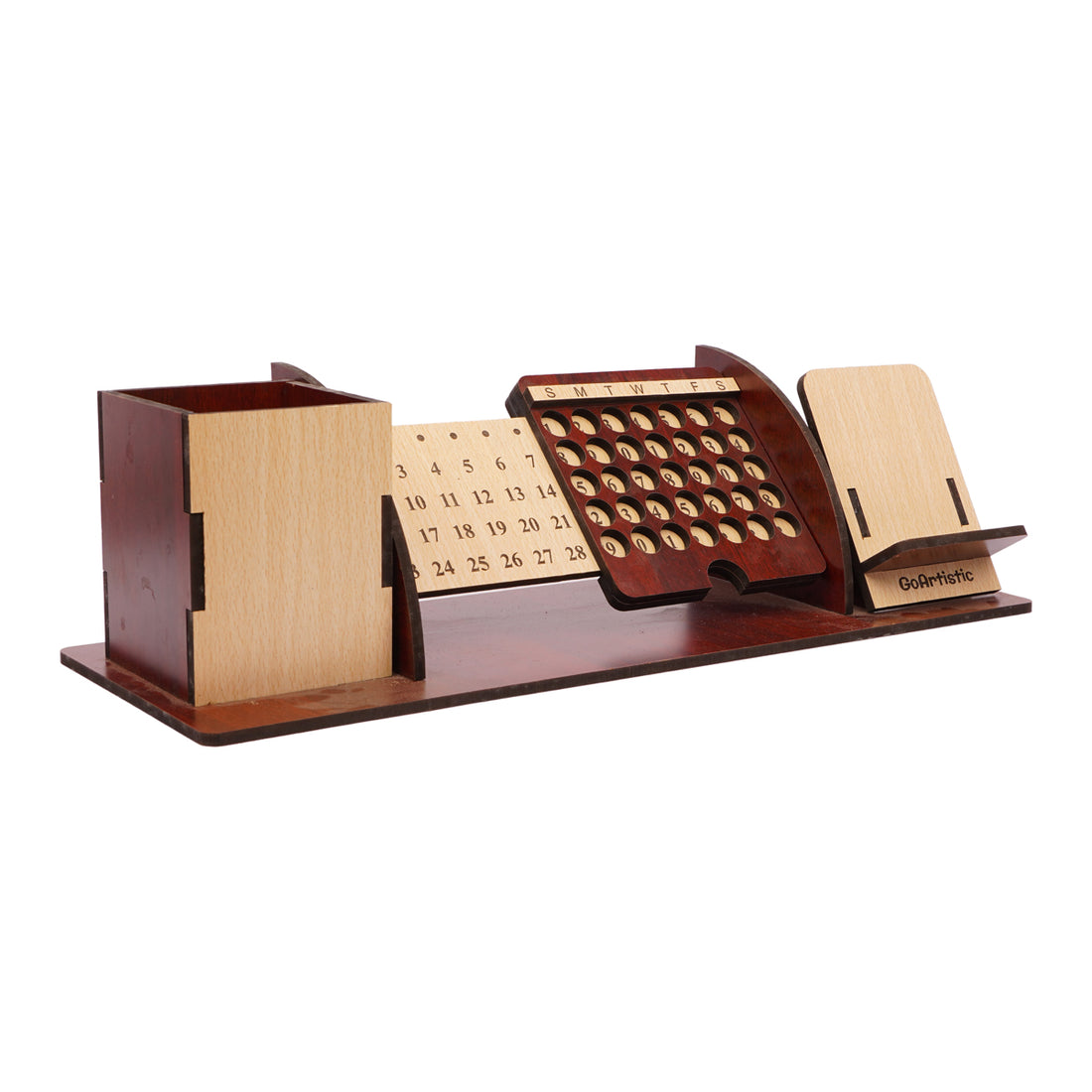 The Writershub Wooden Desk Organizer with Perpetual Calendar, Pen Holder & Mobile Stand