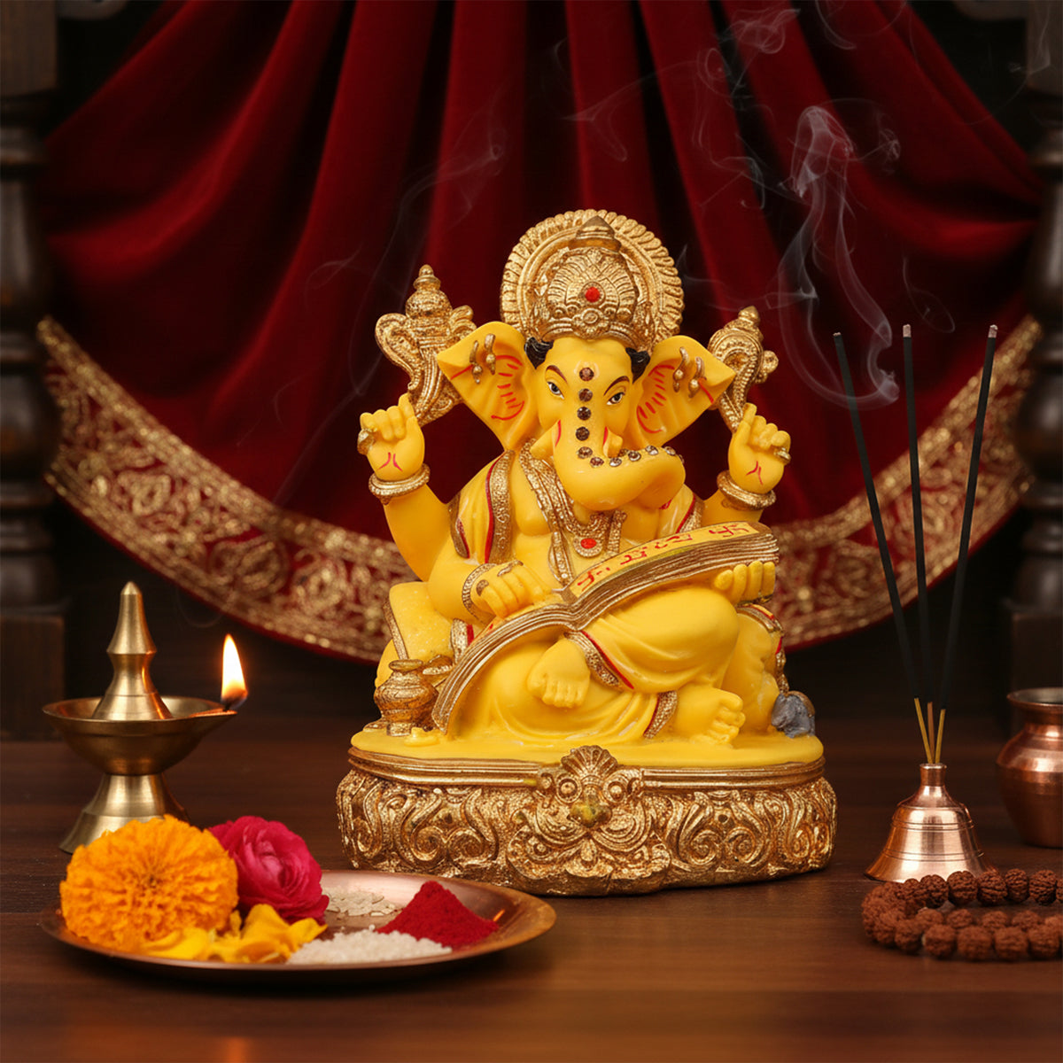 The Writershub Yellow & Gold Lord Ganesha Idol – Decorative Pooja Showpiece