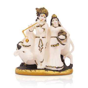 The Writershub White & Gold Radha Krishna with Cow Idol – Marble Finish