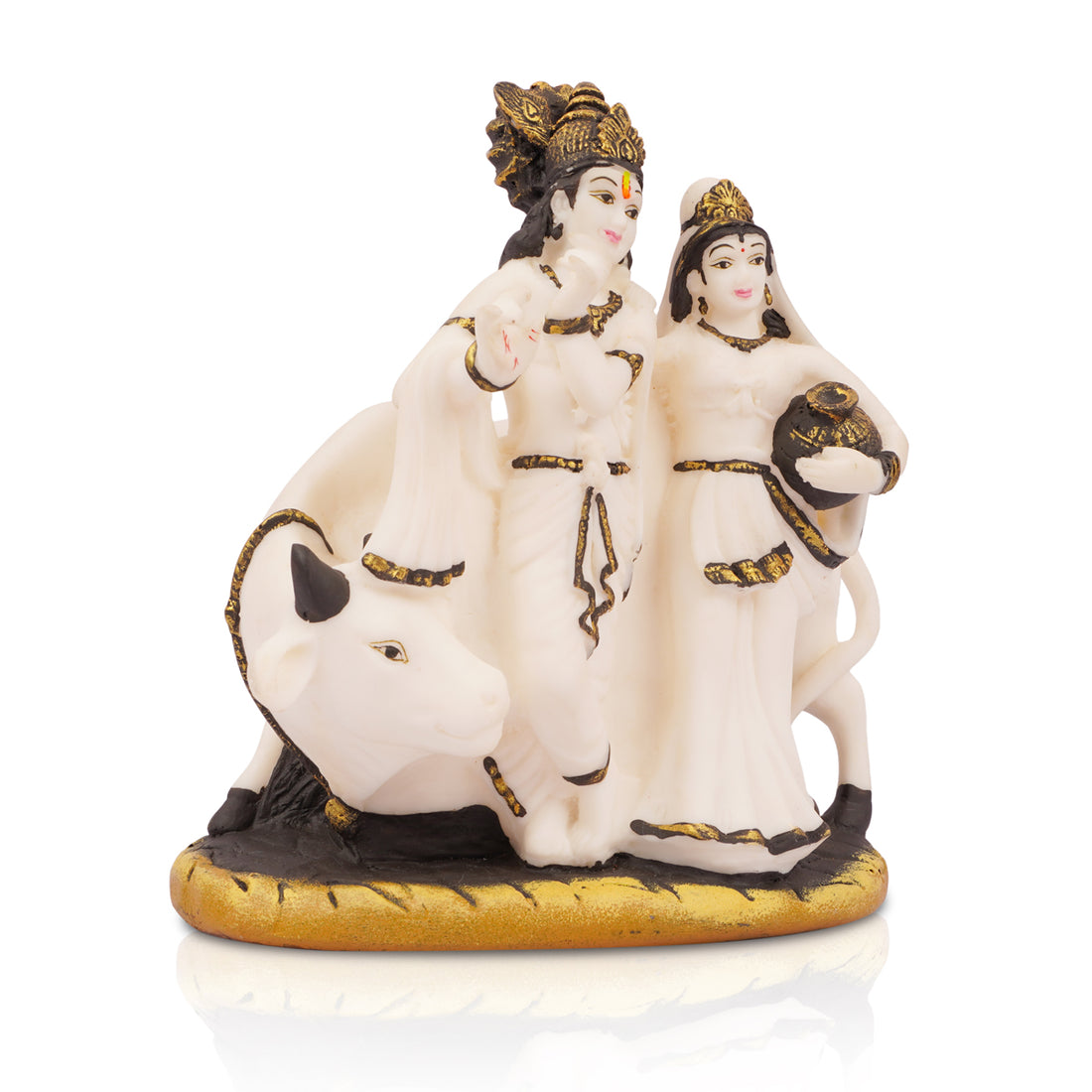 The Writershub White & Gold Radha Krishna with Cow Idol – Marble Finish
