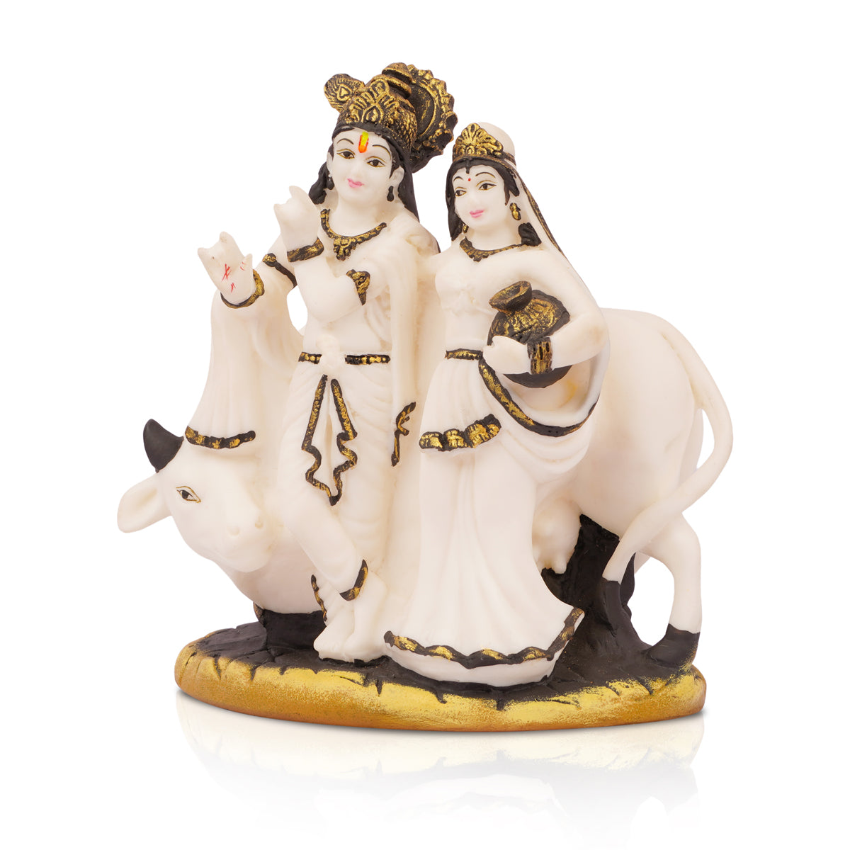 The Writershub White & Gold Radha Krishna with Cow Idol – Marble Finish
