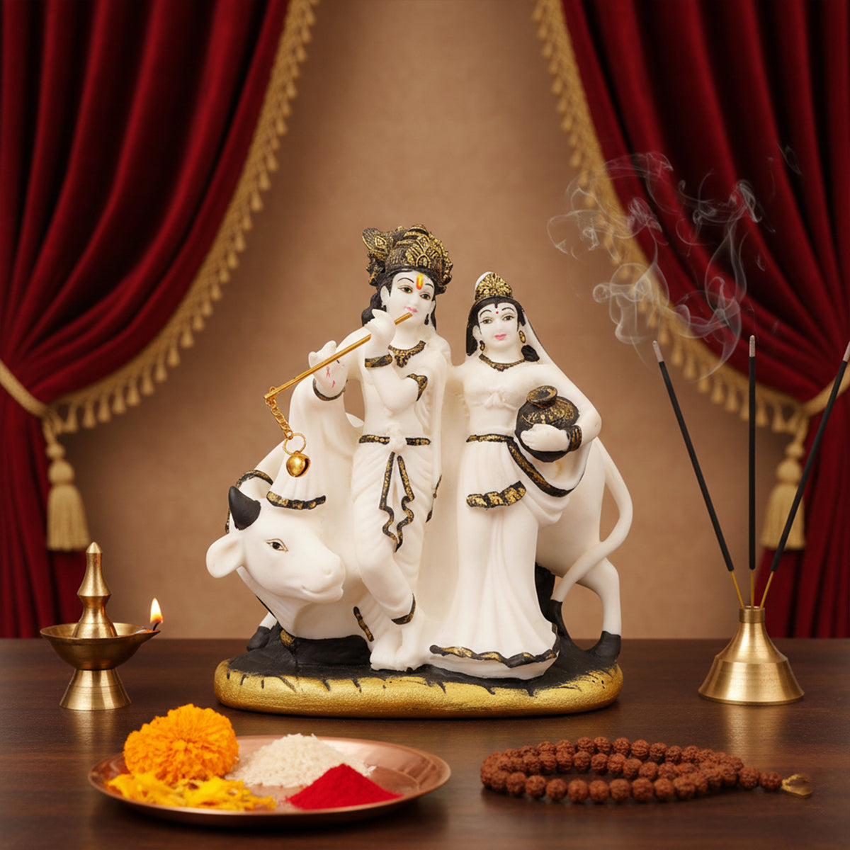 The Writershub White & Gold Radha Krishna with Cow Idol – Marble Finish